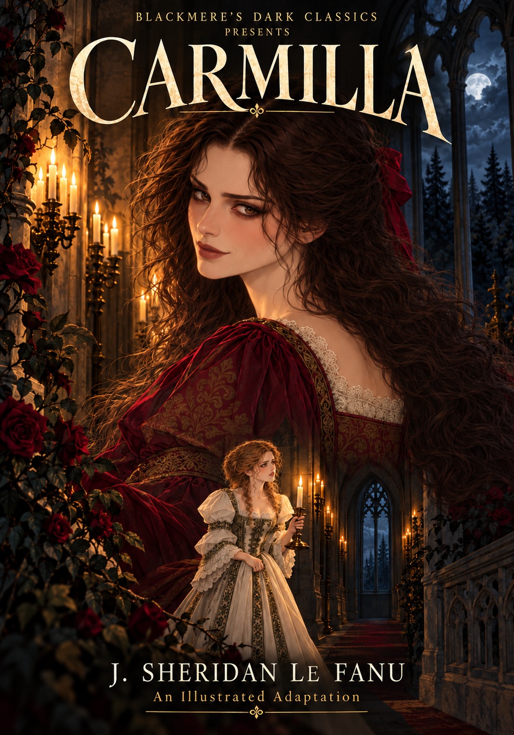 Carmilla cover: Carmilla glances knowingly over her shoulder in burgundy velvet, with Laura holding a candle below her among roses and Gothic arches.