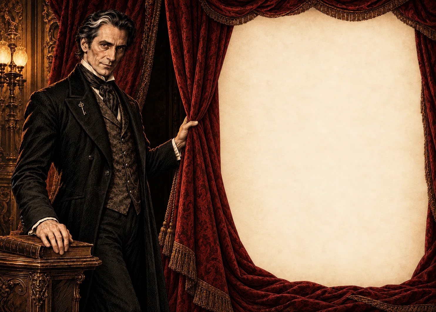 Mr. Blackmere holds open a velvet curtain beside his invitation.