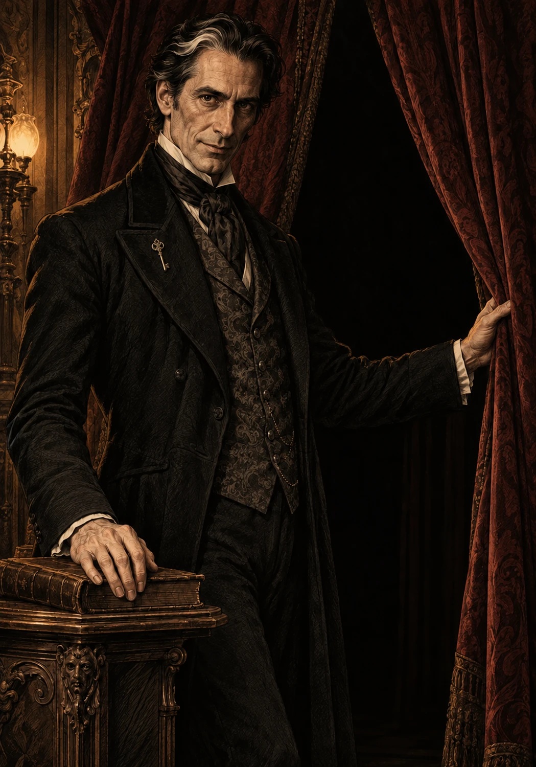 Mr. Blackmere, silver streak in his hair and a gold key on his lapel, draws back a burgundy velvet curtain.
