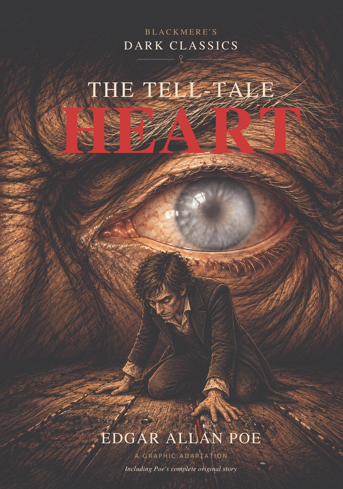 The Tell-Tale Heart cover: a clouded pale eye looms over a man kneeling on floorboards.